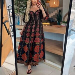 FARM Rio Black and Red Floral Long Dress Size S